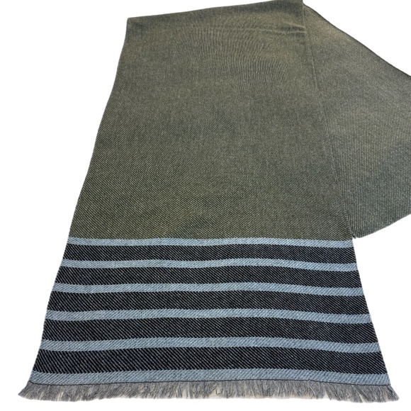 Profuomo Made in Italy Wool Blend Scarf 🇮🇹 – Olive & Charcoal Striped – NWT - Picture 6 of 12